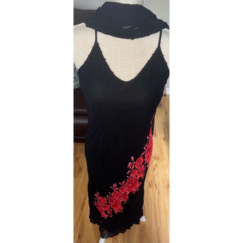 Vtg Y2K Sz L Black Red Rose Floral Beaded Maxi Dress Shawl Fairy Whimsigoth FLAW